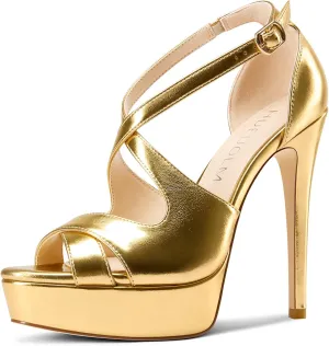 HDEUOLM Women Stiletto High Platform Heel Peep Open Toe Sandals Ankle Strap Wedding Dress 4.7 Inches Heels
