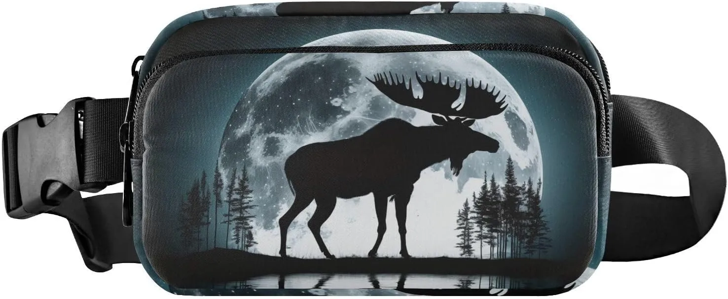 Illustrations Moose Moon Fanny Pack Waist Pack Water Resistant Extendable Buckle Strap Crossbody Purse Travel Pouch for Running Hiking Training 85.31.6 inches
