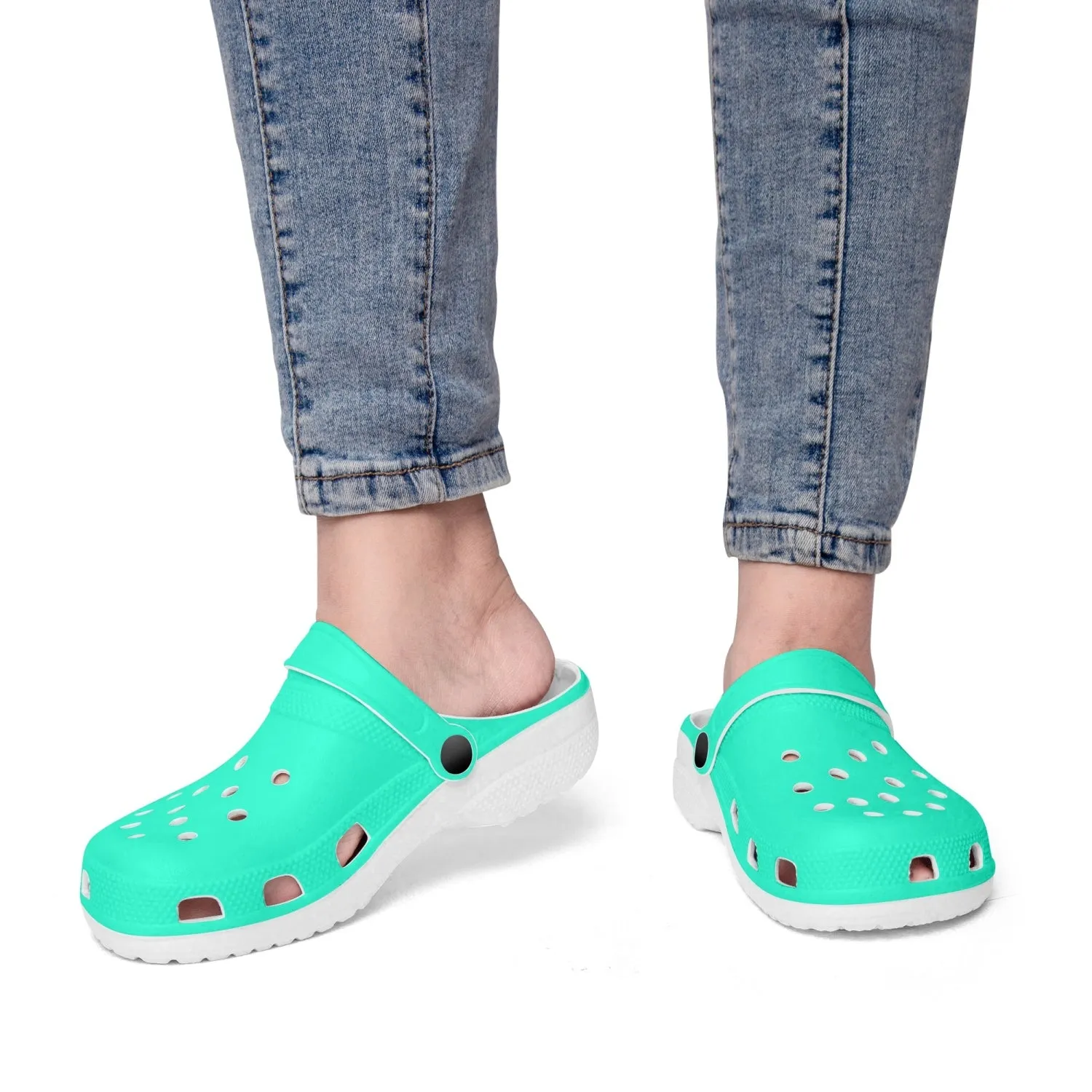 Light Teal Blue Unisex Clogs, Best Solid Blue Color Unisex Classic Lightweight Best Sandals For Men or Women