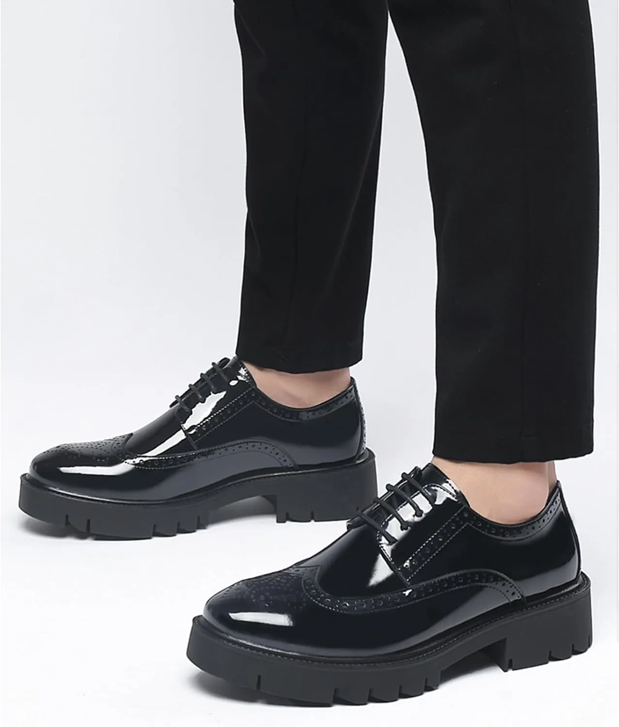 Men Patent Leather Platform Wingtip Oxfords Chunky Heel Round Toe Lug Sole Dress Shoes for Wedding Party