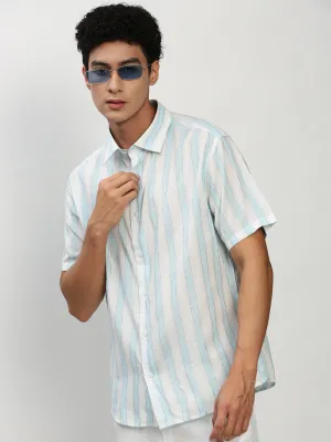 Men White Standard Vertical Striped Oxford Cotton Slim Fit Casual Shirt