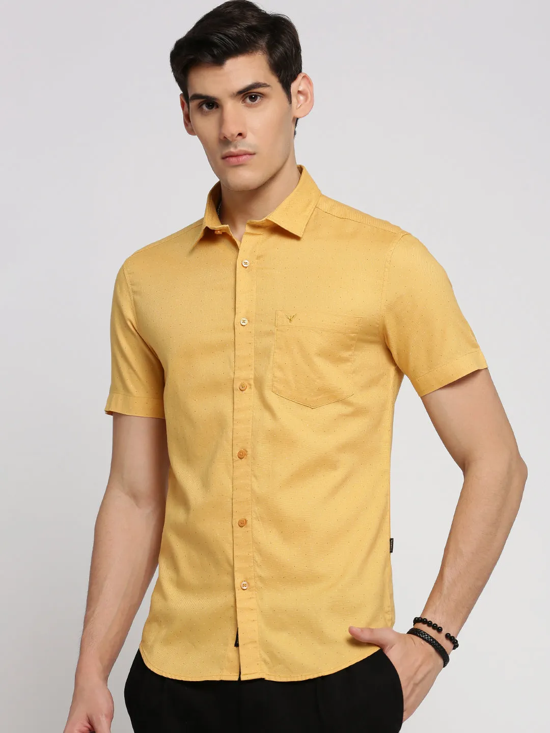 Men Yellow Slim Fit Micro Ditsy Printed Oxford Cotton Casual Shirt
