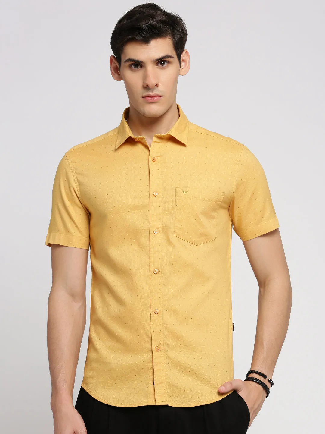 Men Yellow Slim Fit Micro Ditsy Printed Oxford Cotton Casual Shirt
