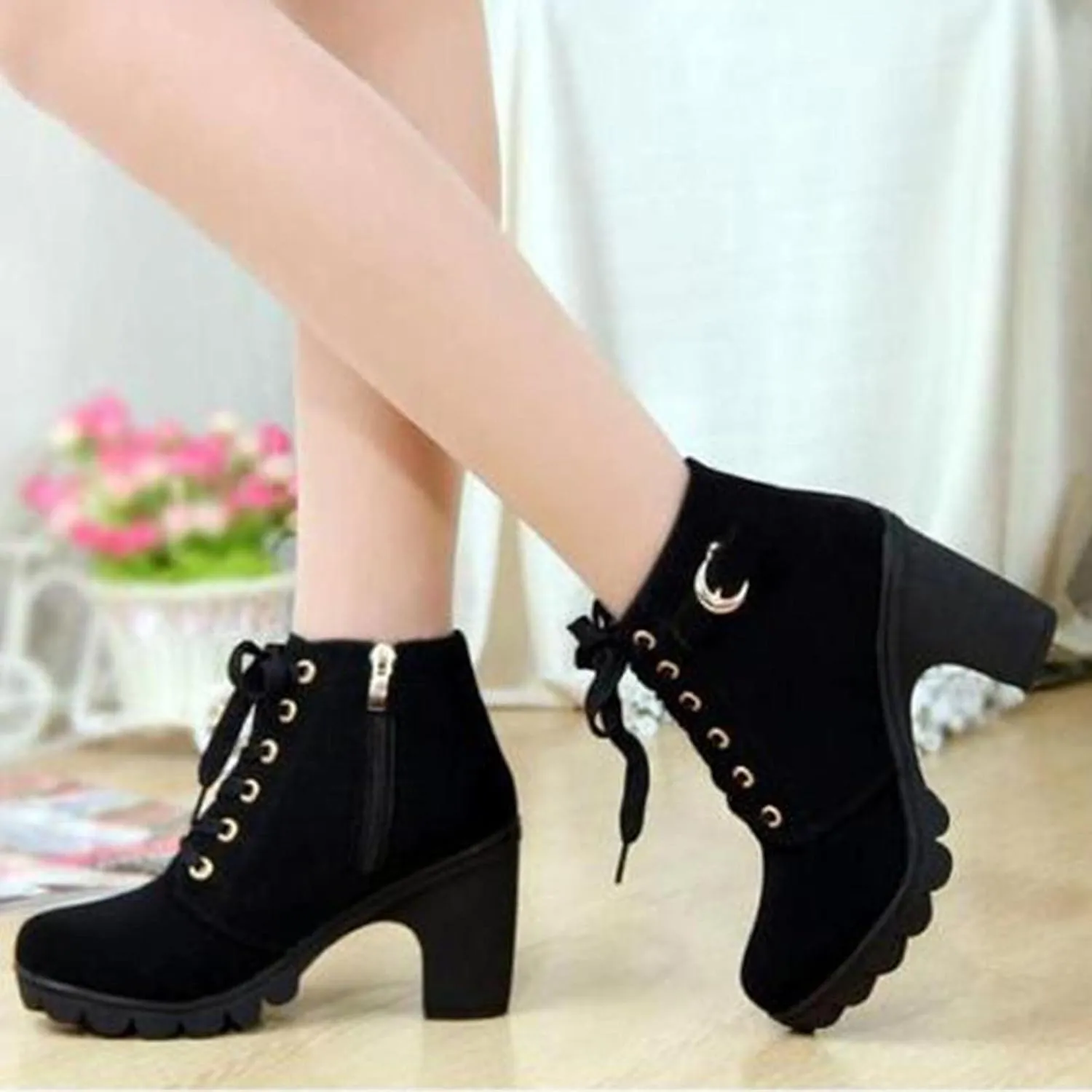 oiangi Boots for Women Chunky Heel Ankle Booties Fashion Round Toe Lace Up Belt Buckle Side Zipper Block High Heel Boots Solid Casual Comfy Ladies Shoes
