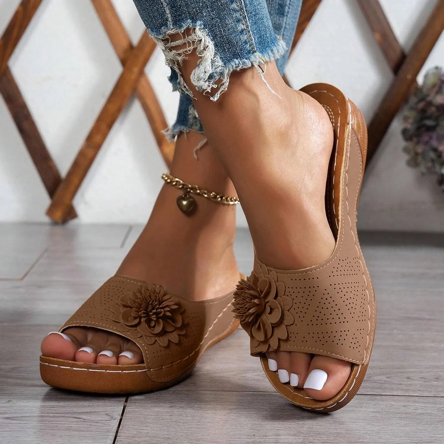 Orthopedic Platform Wedge Sandals for Women Summer Dressy 2025,Flowers Sandal Arch Support Fish Mouth Open Toe Slippers Wedges Platform Shoes