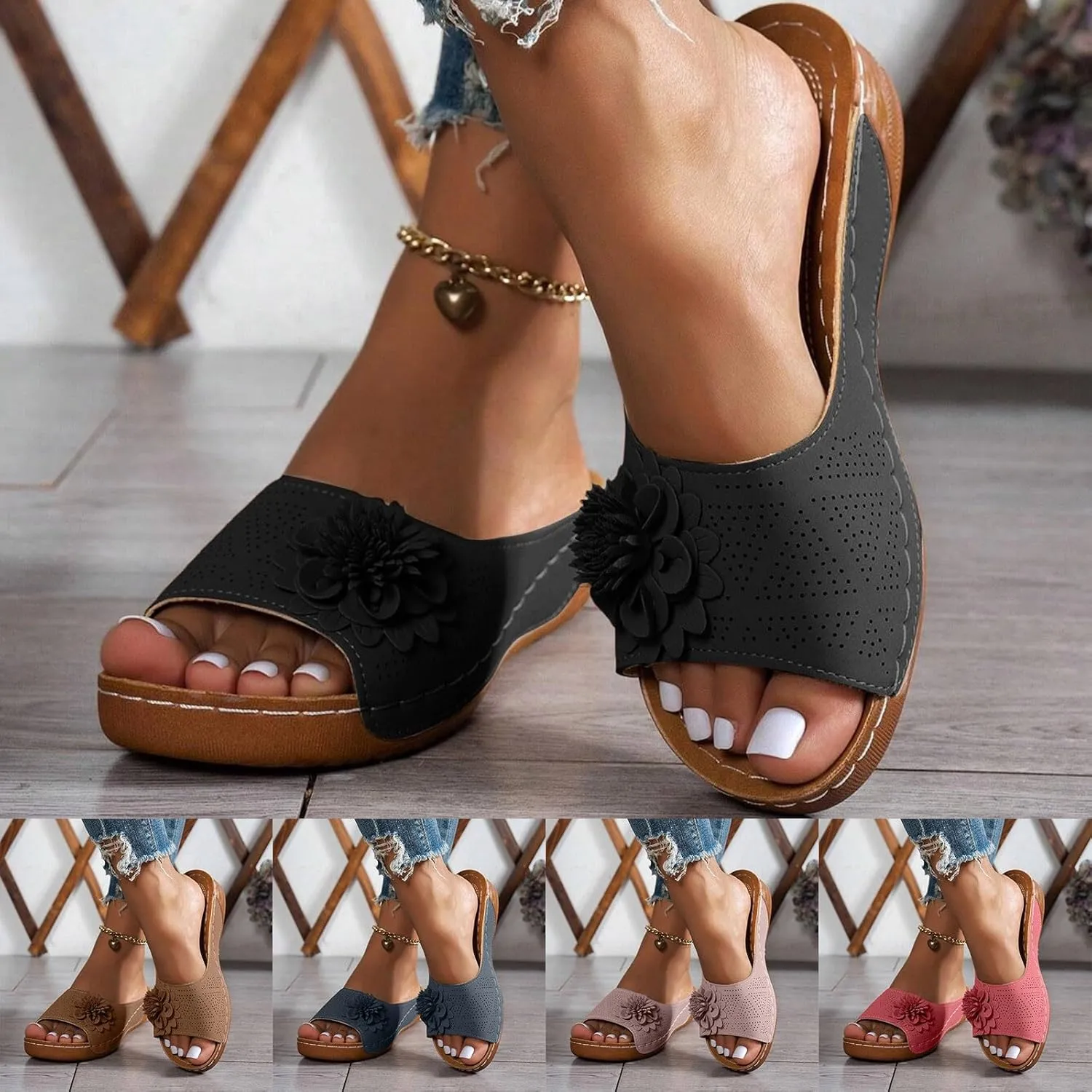 Orthopedic Platform Wedge Sandals for Women Summer Dressy 2025,Flowers Sandal Arch Support Fish Mouth Open Toe Slippers Wedges Platform Shoes