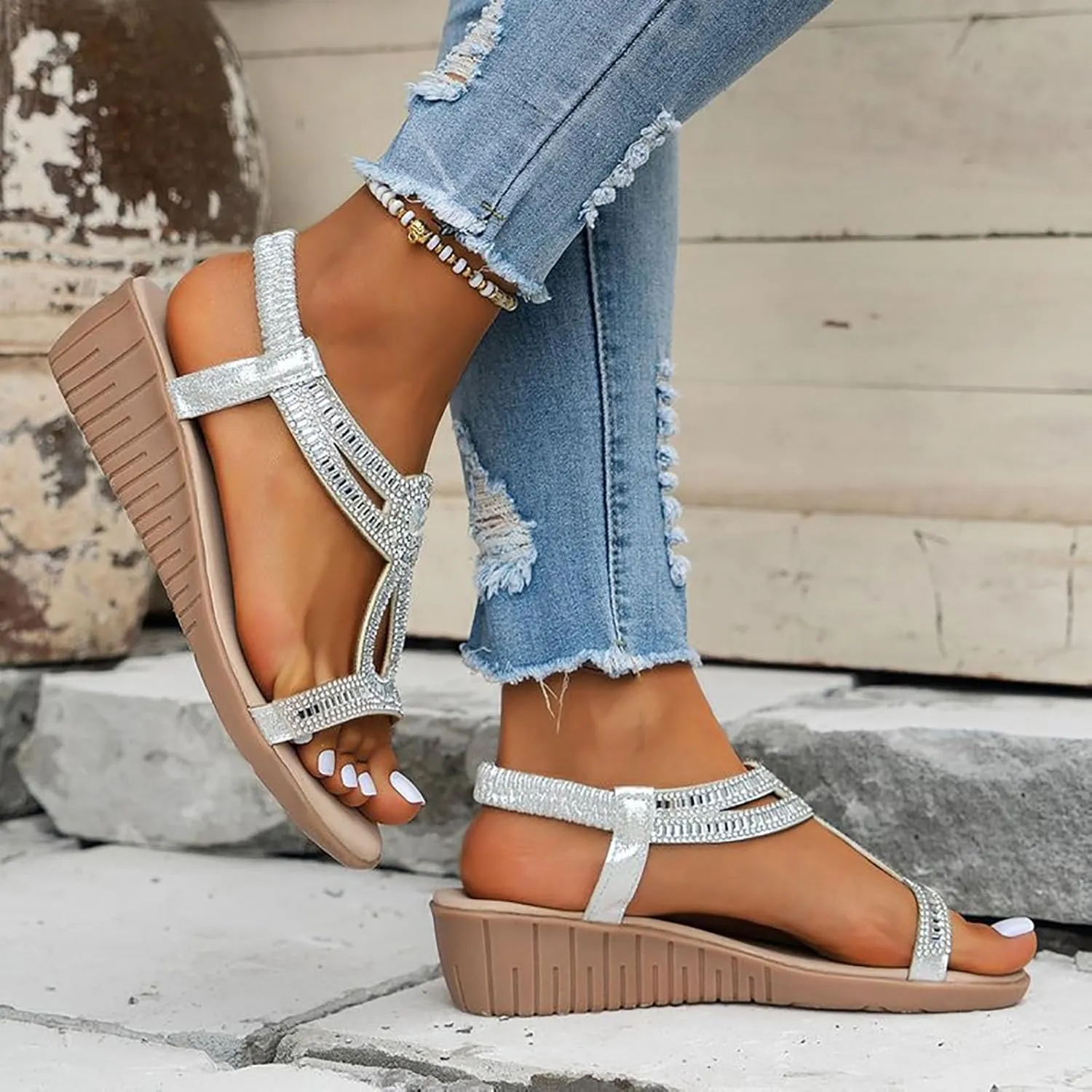 Orthopedic Sandals for Women Wide Width, Women Dressy Summer Comfortable Platform Wedges Open Toe Ankle Strap Bohemian Sandals with Arch Support Slip On Boho Sandal Dress Shoes