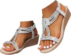 Orthopedic Sandals for Women Wide Width, Women Dressy Summer Comfortable Platform Wedges Open Toe Ankle Strap Bohemian Sandals with Arch Support Slip On Boho Sandal Dress Shoes
