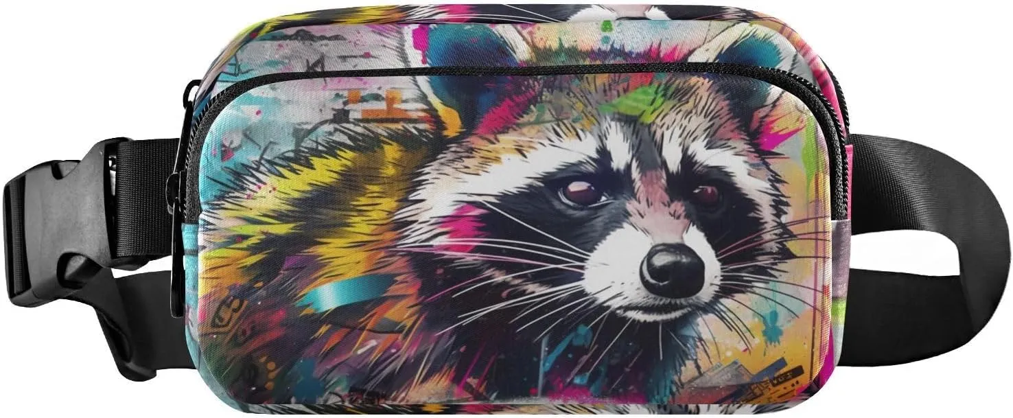 Painting Raccoon Fanny Pack Waist Pack Water Resistant Extendable Buckle Strap Crossbody Purse Travel Pouch for Running Hiking Training 85.31.6 inches