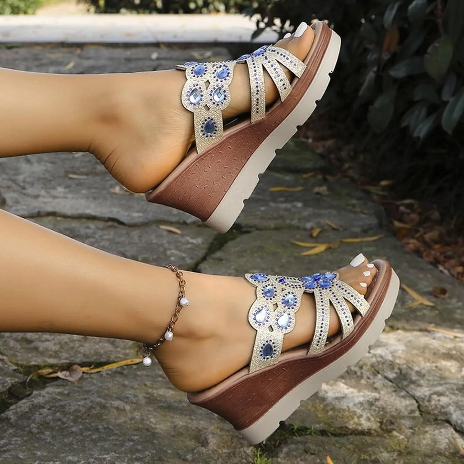 peqiut Women's Sandal Dressy Summer Wedge Orthopedic Sandals for Women Comfortable Outdoor Jeweled Boho Sandals Casual Slides