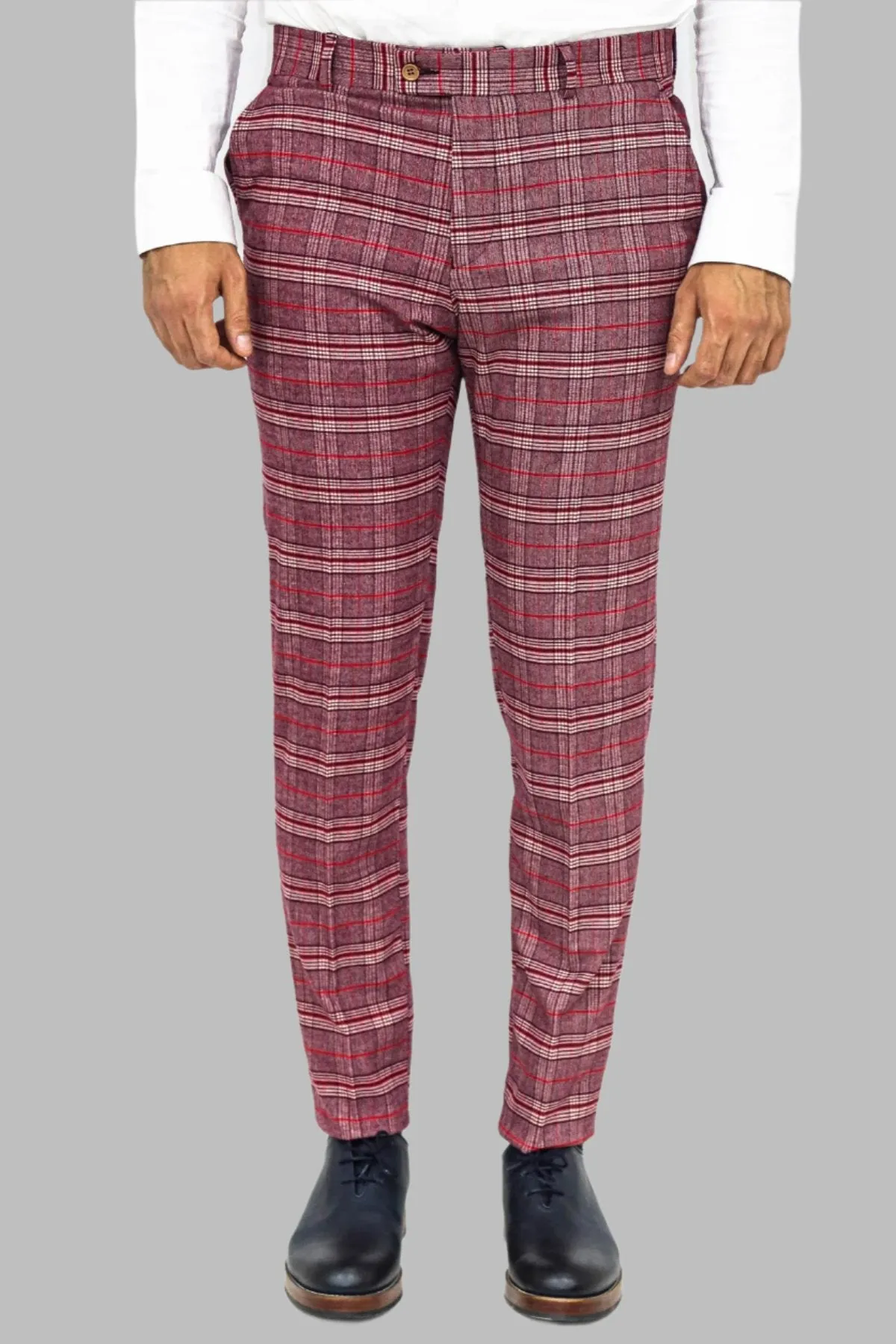 Plaid Slim Fit Burgundy Men Pants - Wessi