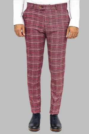 Plaid Slim Fit Burgundy Men Pants - Wessi