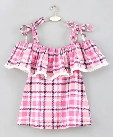 Strap Cold Shoulder Checkered Printed Top