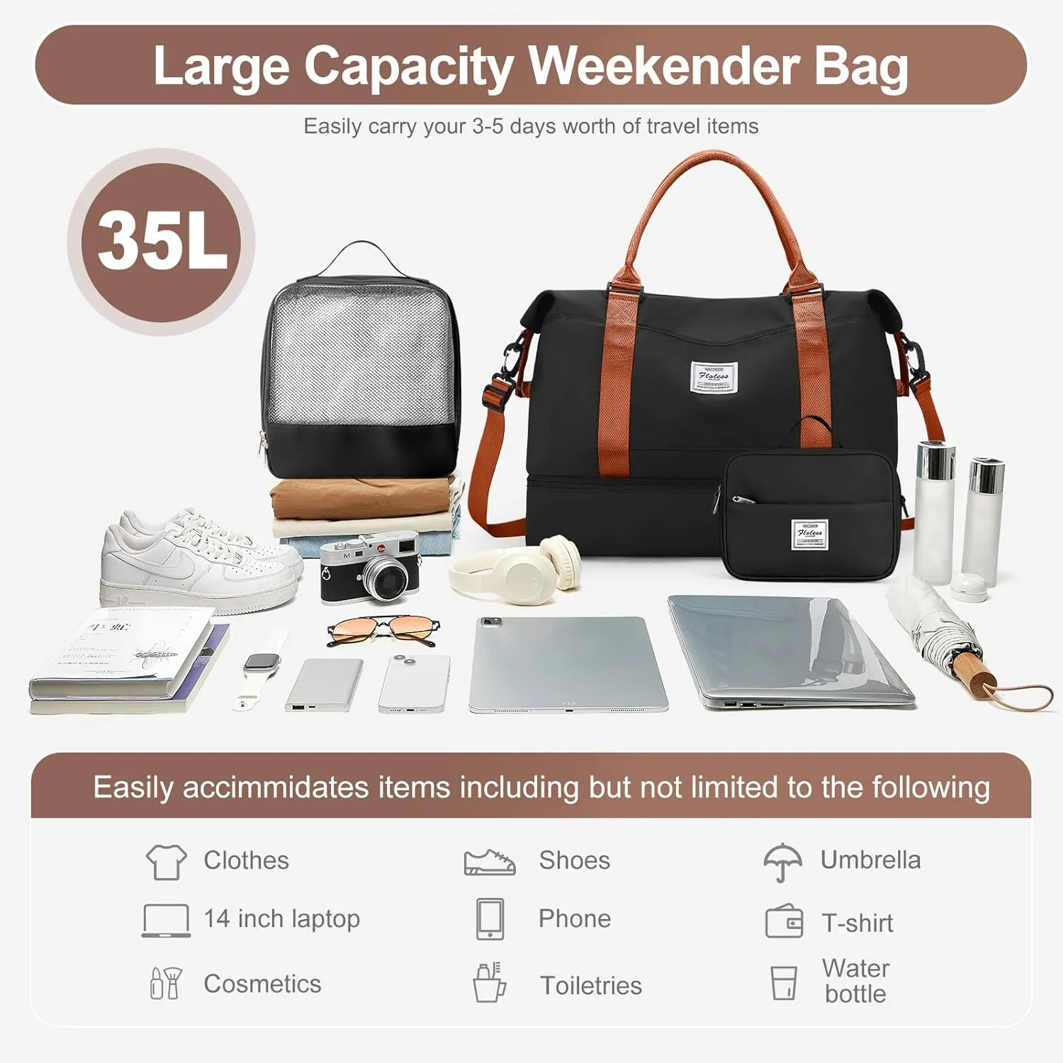 Travel Duffle Bag for Women,Weekender Overnight Bag with Shoe Compartment,Carry on Personal Item Travel Bag,3 Pcs Set,Black & Brown