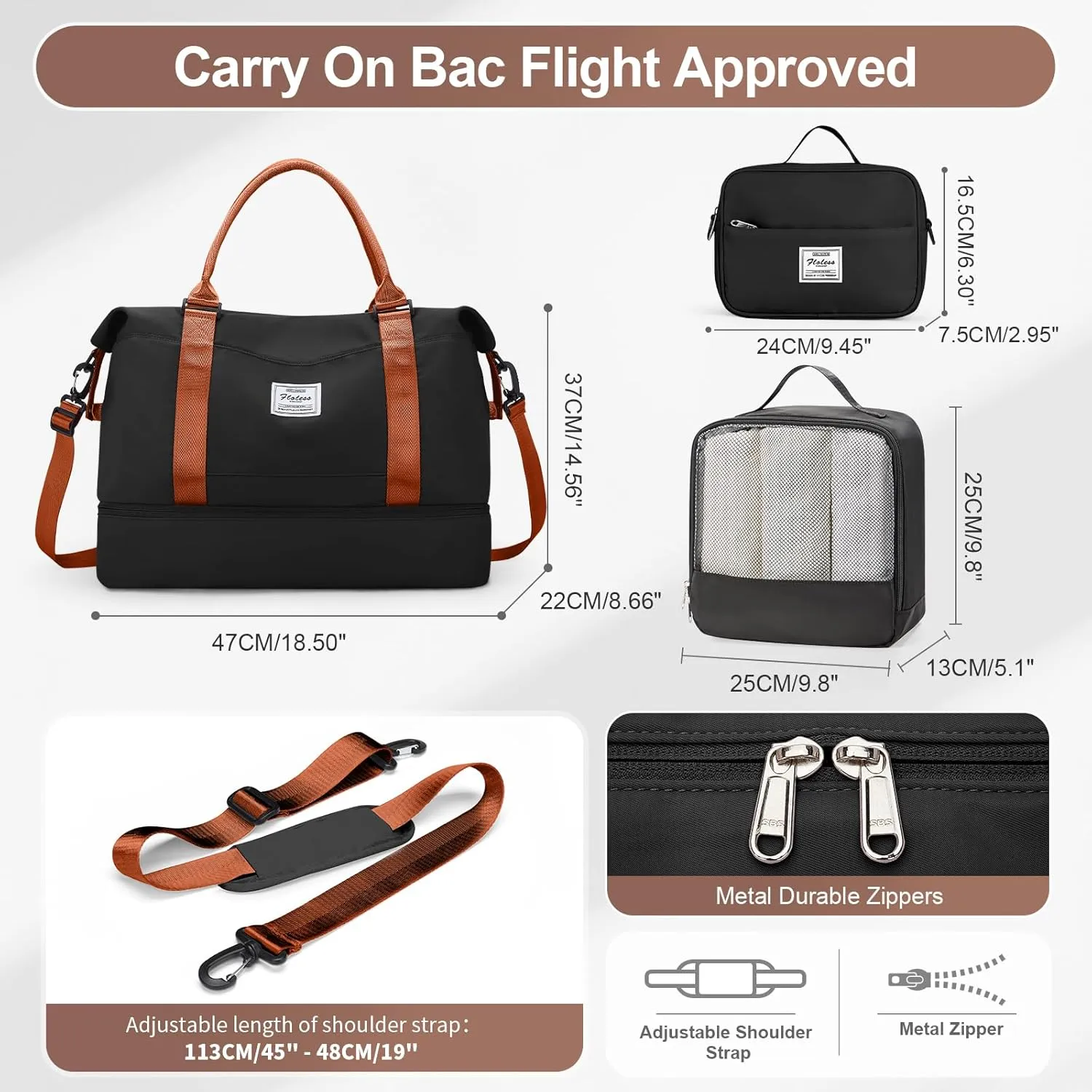 Travel Duffle Bag for Women,Weekender Overnight Bag with Shoe Compartment,Carry on Personal Item Travel Bag,3 Pcs Set,Black & Brown