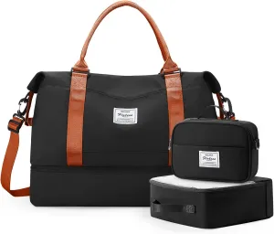 Travel Duffle Bag for Women,Weekender Overnight Bag with Shoe Compartment,Carry on Personal Item Travel Bag,3 Pcs Set,Black & Brown