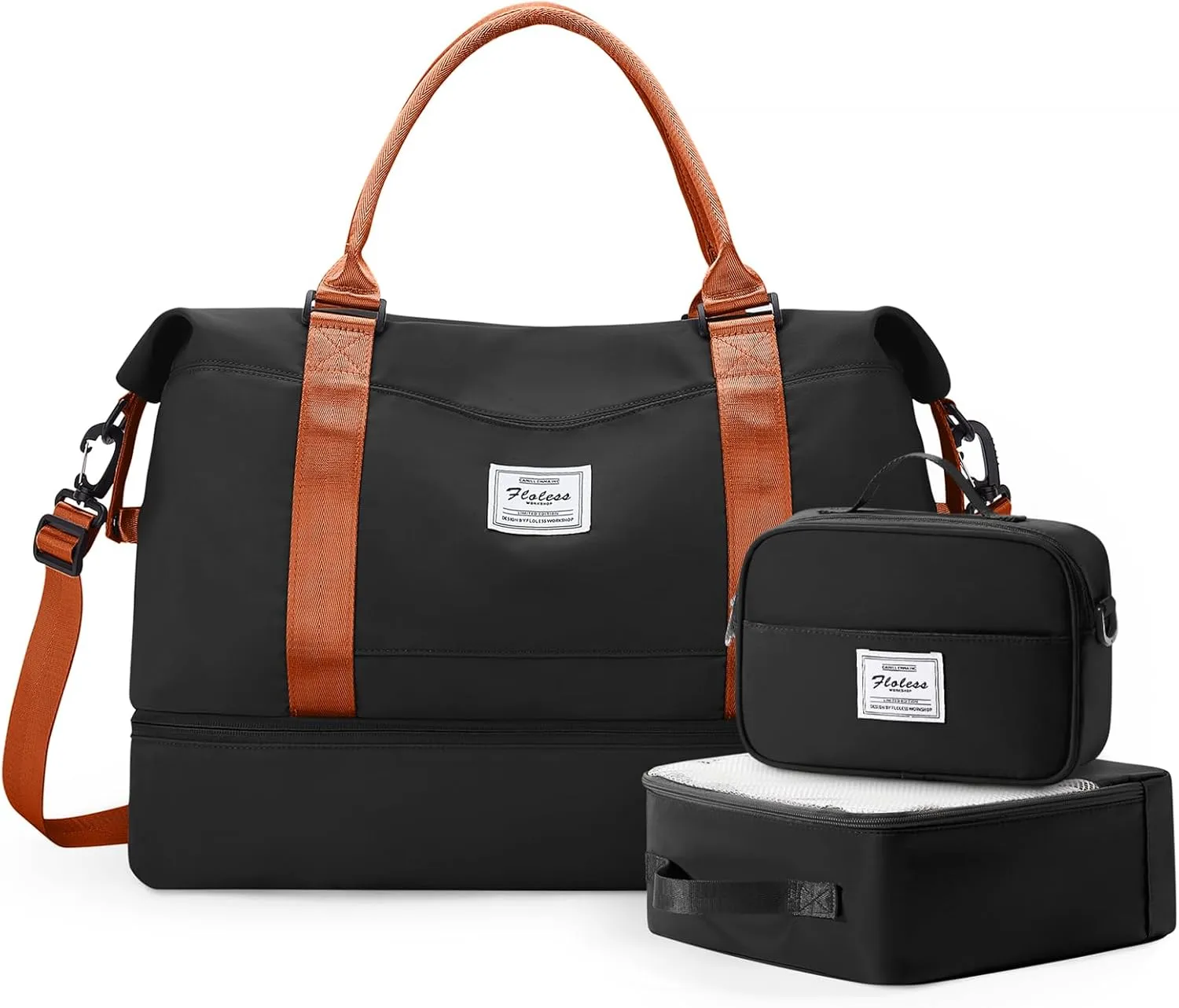 Travel Duffle Bag for Women,Weekender Overnight Bag with Shoe Compartment,Carry on Personal Item Travel Bag,3 Pcs Set,Black & Brown
