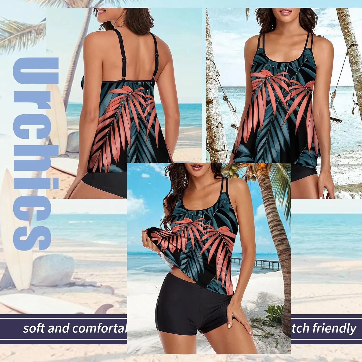 Urchics Womens 2025 Tankini Swimsuits Tummy Control Flowy Swimwear Two Piece Bathing Suits Swim Tank Top with Boyshorts