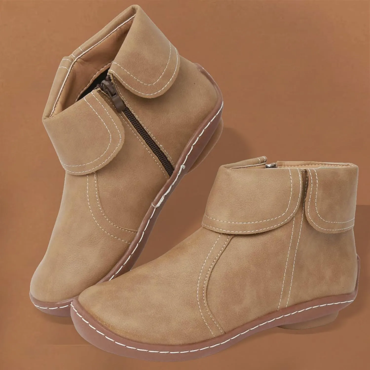 Vintage Women Ankle Boots Leather Platform Boots for Women Wide Calf Casual Fashion Round Toe Side Zipper Booties