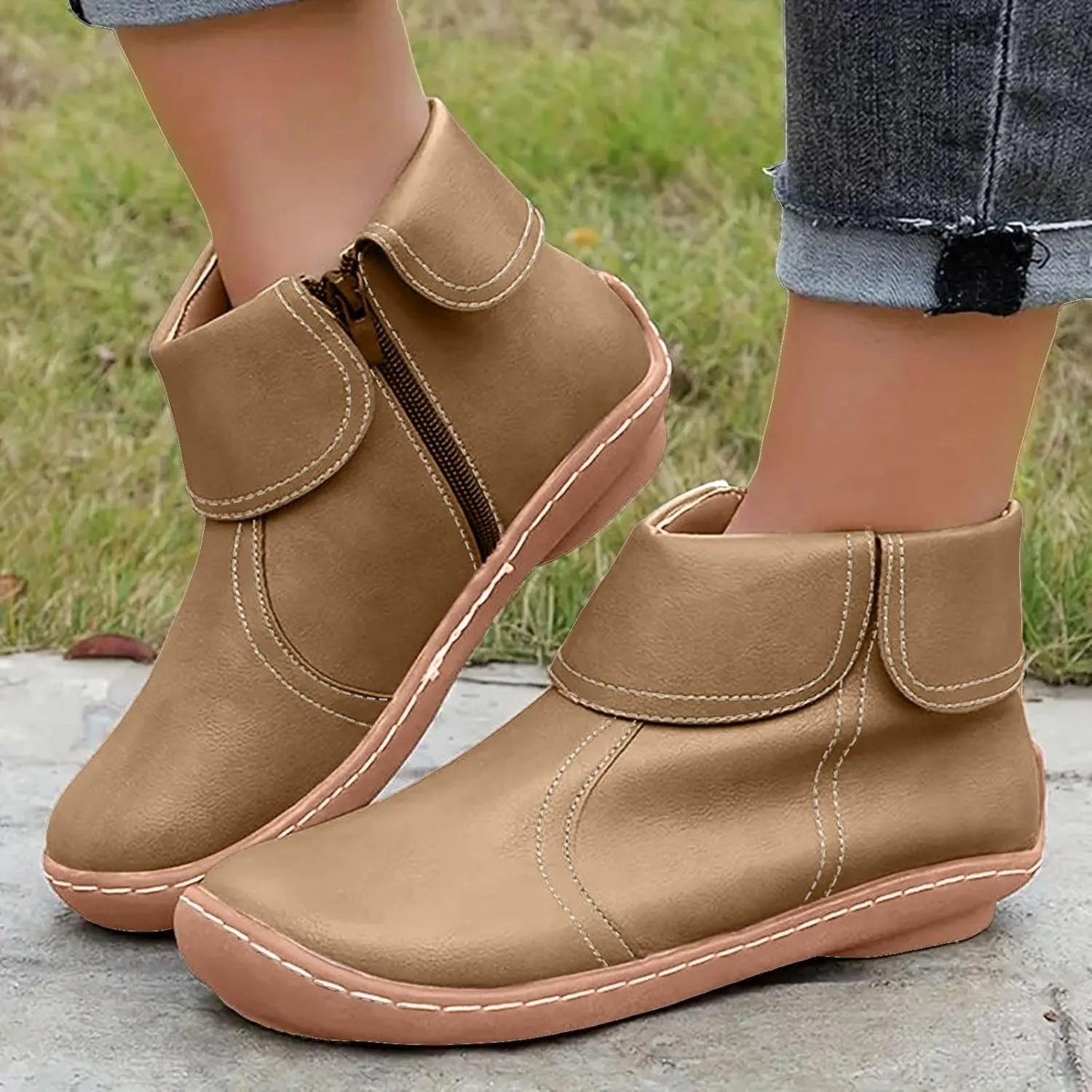 Vintage Women Ankle Boots Leather Platform Boots for Women Wide Calf Casual Fashion Round Toe Side Zipper Booties