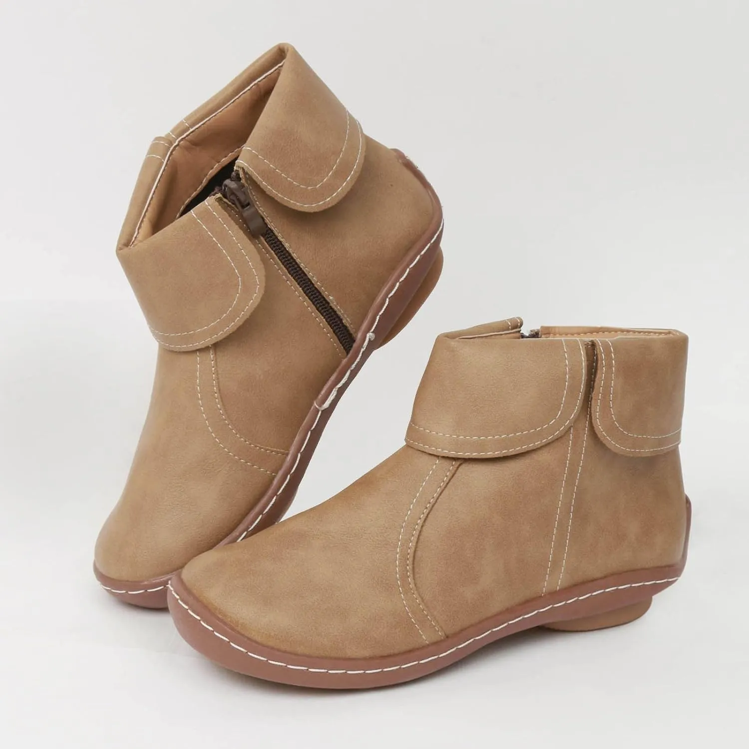 Vintage Women Ankle Boots Leather Platform Boots for Women Wide Calf Casual Fashion Round Toe Side Zipper Booties