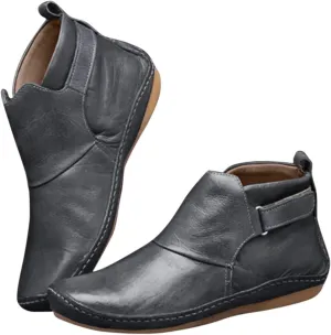 Women Boots No Heel,2022 New Arch Support Boots Side Zipper Vintage Leather Damping Shoes Flat Heel Booties