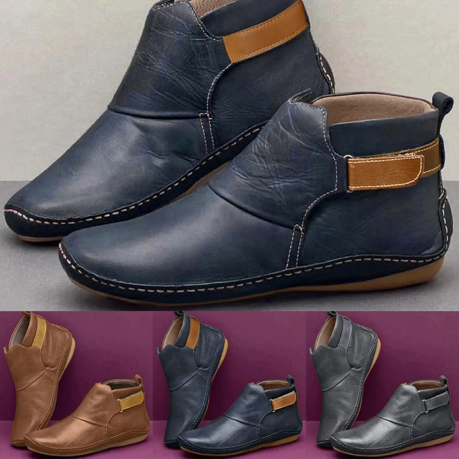 Women Boots No Heel,2022 New Arch Support Boots Side Zipper Vintage Leather Damping Shoes Flat Heel Booties