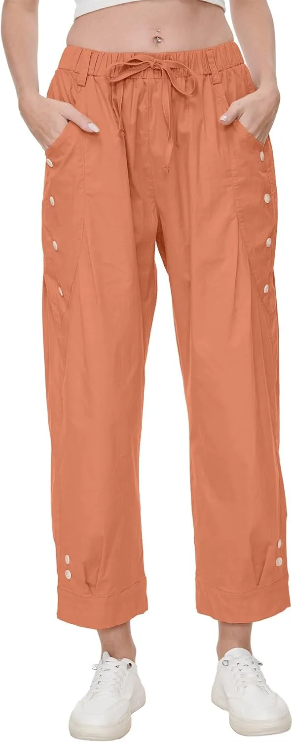 Women Wide Leg Capri Pants Drawstring Elastic Waist Lounge Pants Baggy Cinch Bottom Cropped Trousers with Pockets