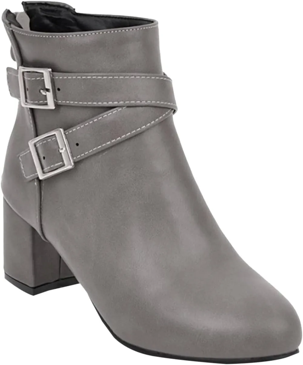Womens Boots Fashion Belt Decorated PU Leather Boots for Women Round Toe Side Zipper Thick Heel Winter Short Boots