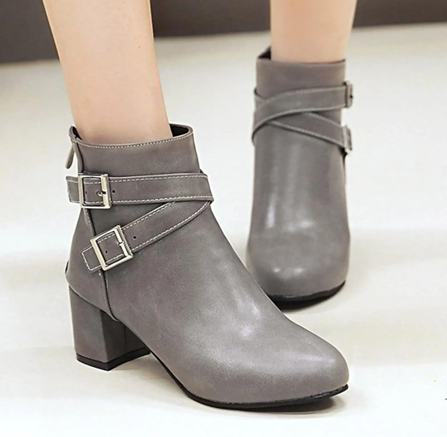 Womens Boots Fashion Belt Decorated PU Leather Boots for Women Round Toe Side Zipper Thick Heel Winter Short Boots