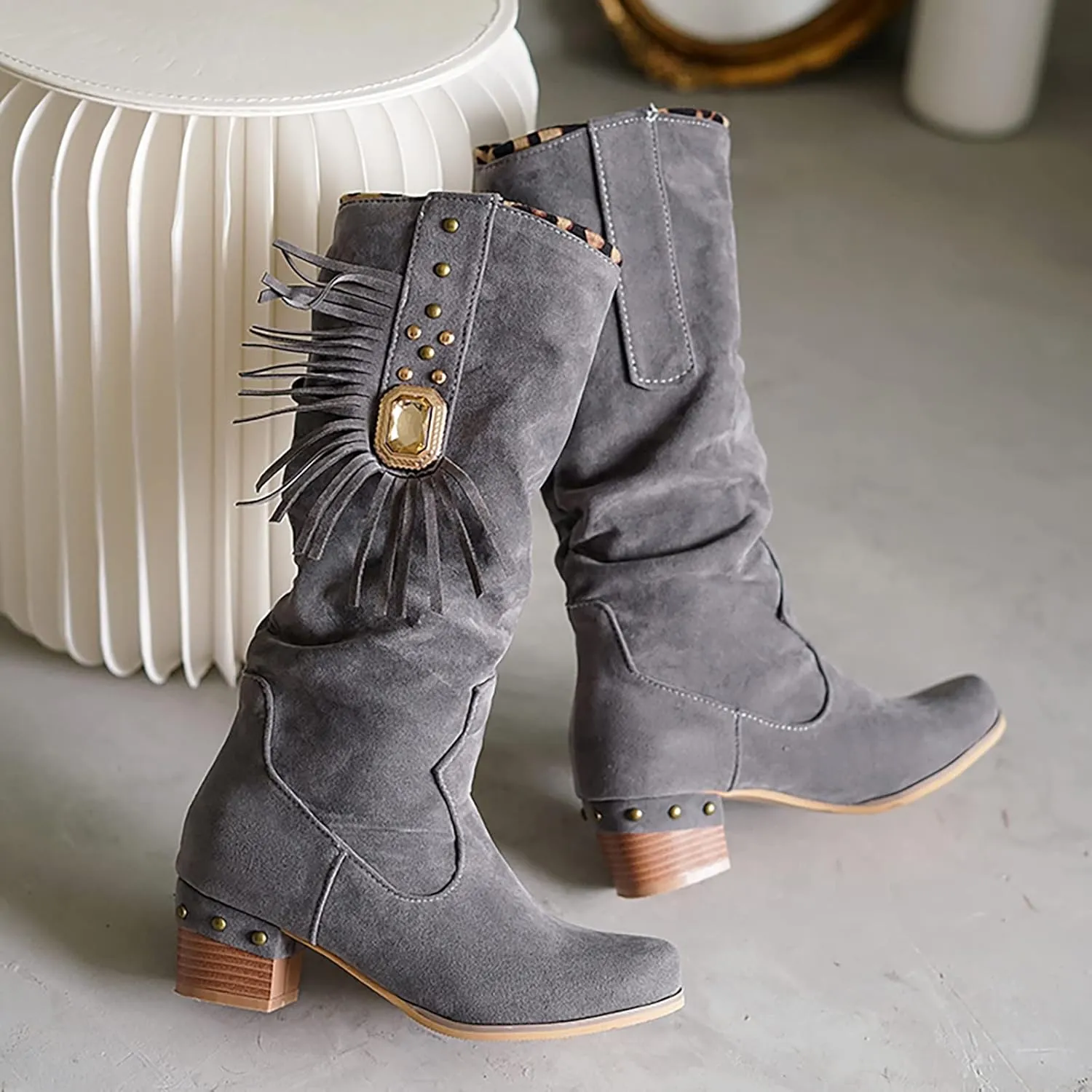 Womens Boots Fashion Thick Heel Round Toe Boots for Women Warm Flock Durable Soft Winter Boots for Women