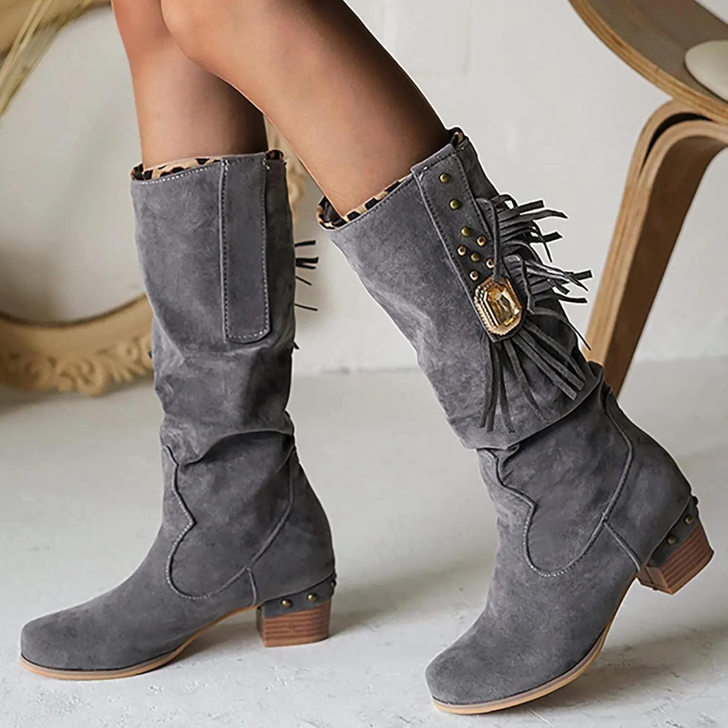 Womens Boots Fashion Thick Heel Round Toe Boots for Women Warm Flock Durable Soft Winter Boots for Women