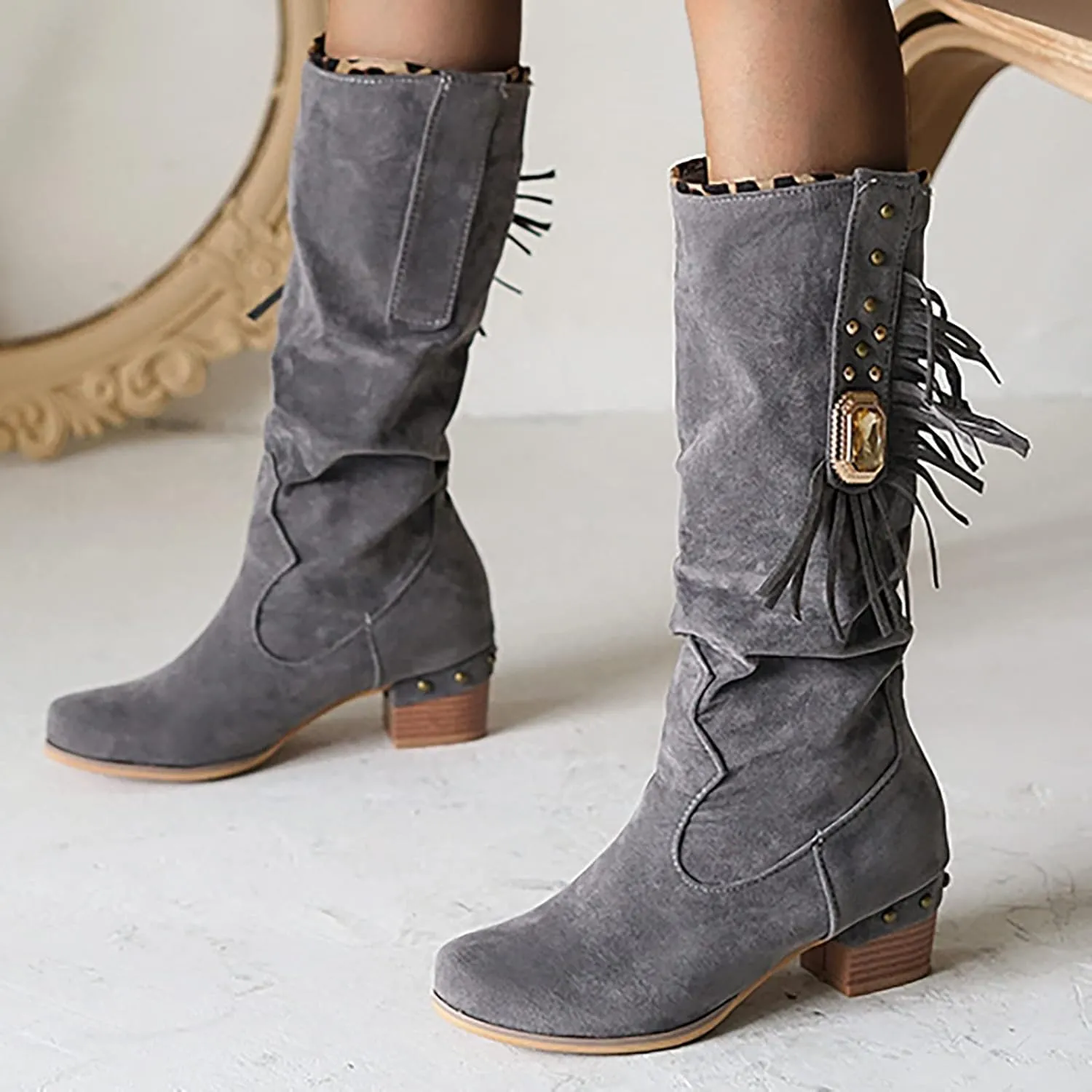 Womens Boots Fashion Thick Heel Round Toe Boots for Women Warm Flock Durable Soft Winter Boots for Women