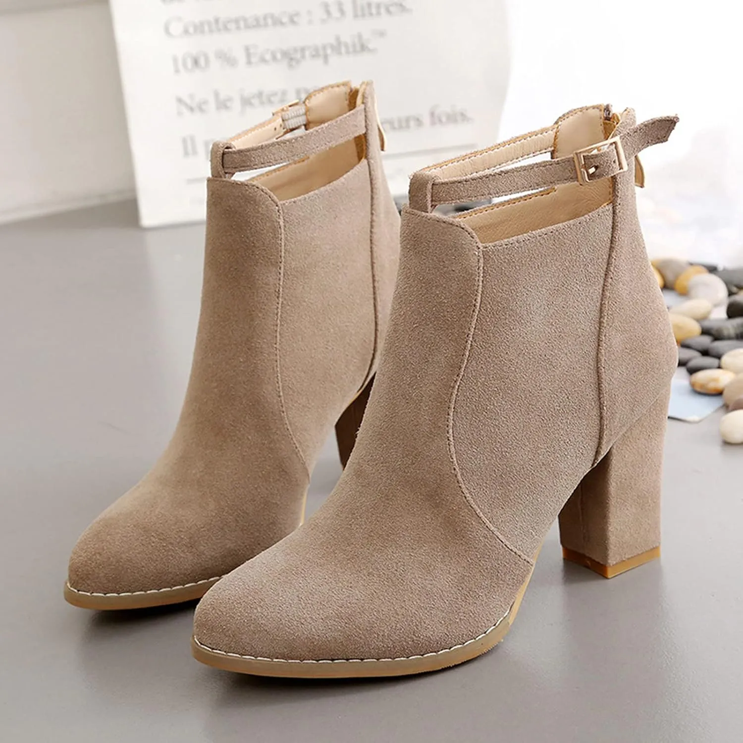 Womens Boots Warm Flock PU Leather Thick Heel Fashion Boots for Women Solid Color Round Toe Elegant Ankle Boots