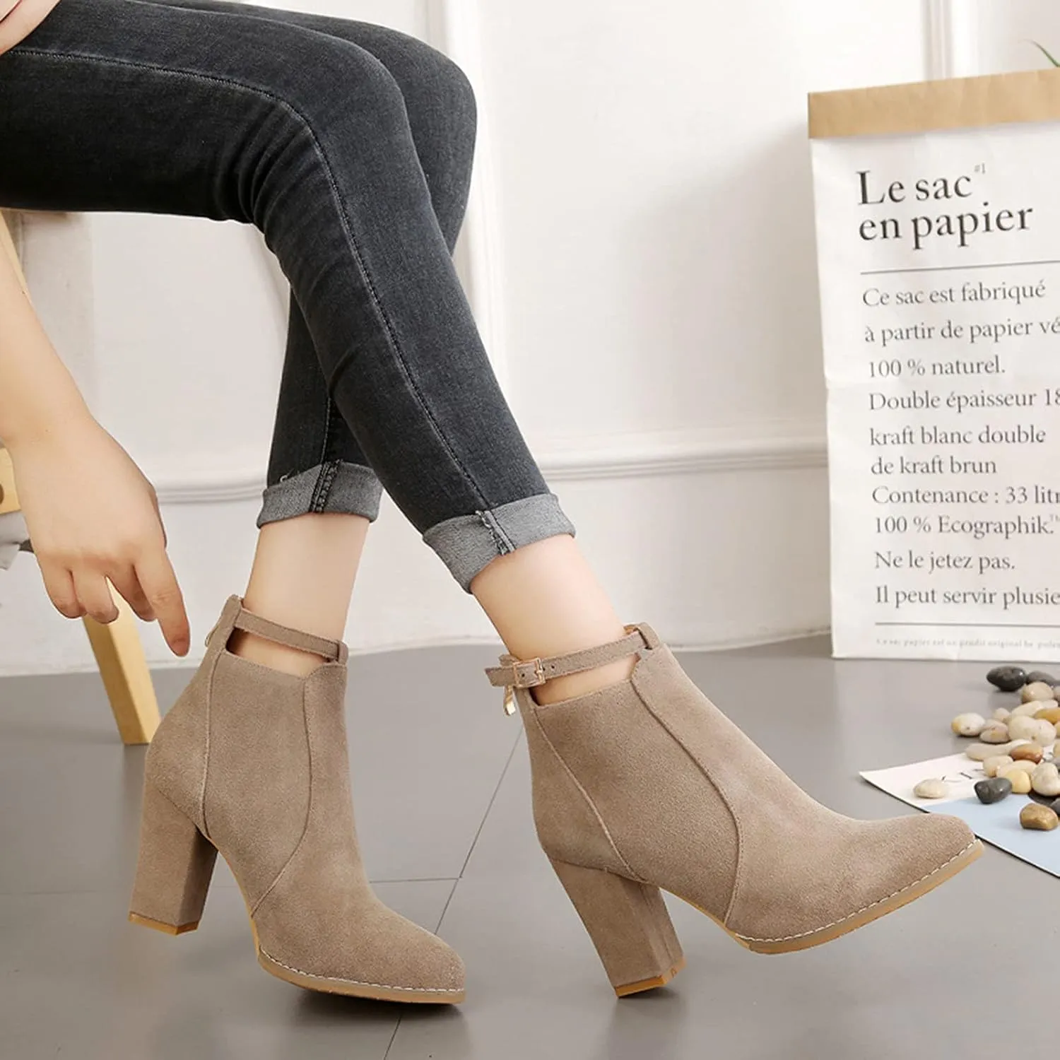 Womens Boots Warm Flock PU Leather Thick Heel Fashion Boots for Women Solid Color Round Toe Elegant Ankle Boots