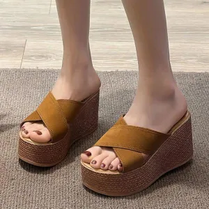 Women's Casual Cross Strap Thick Soled Slippers 29317799S