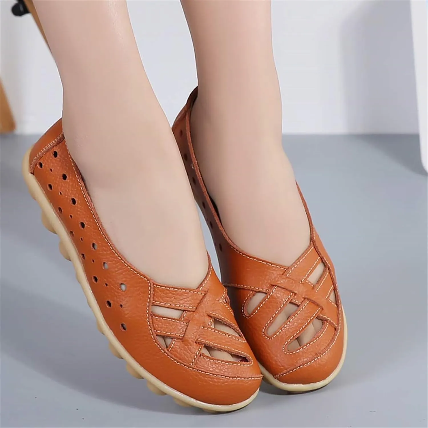 womens comfort sandals Breathable Leather Hollow Out Loafer Flats Summer Slip-On Cutout Sandals Casual Round Toe Orthopedic Loafers Fashion Soft Shoes
