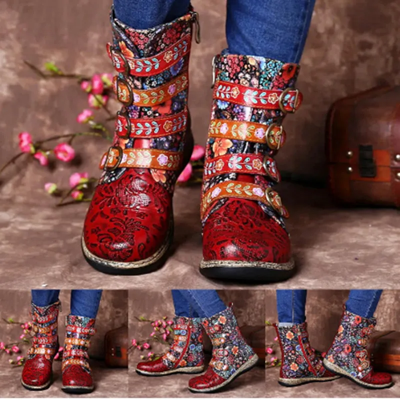 Women's floral print mid calf boots | ethnic boho buckle strap boots