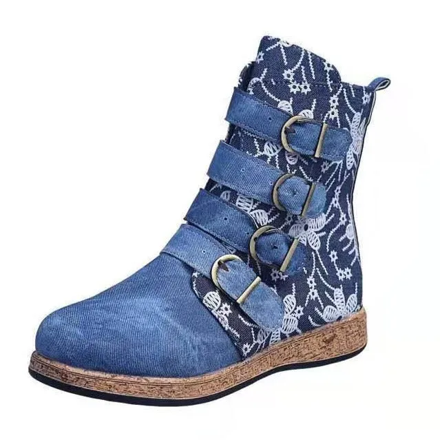 Women's floral print mid calf boots | ethnic boho buckle strap boots