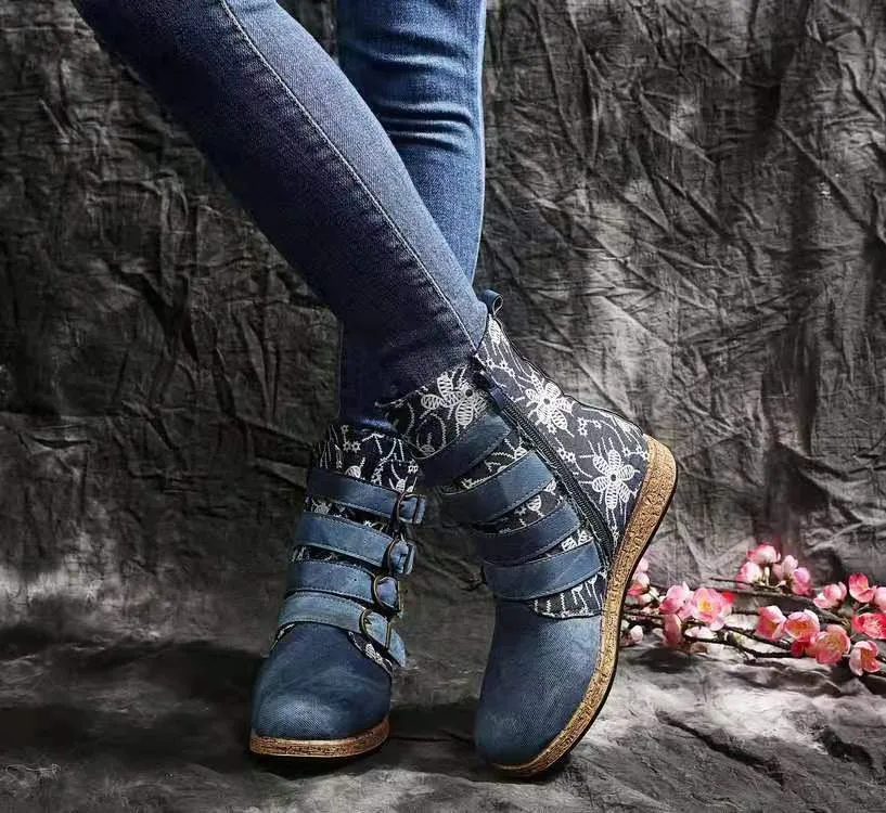 Women's floral print mid calf boots | ethnic boho buckle strap boots