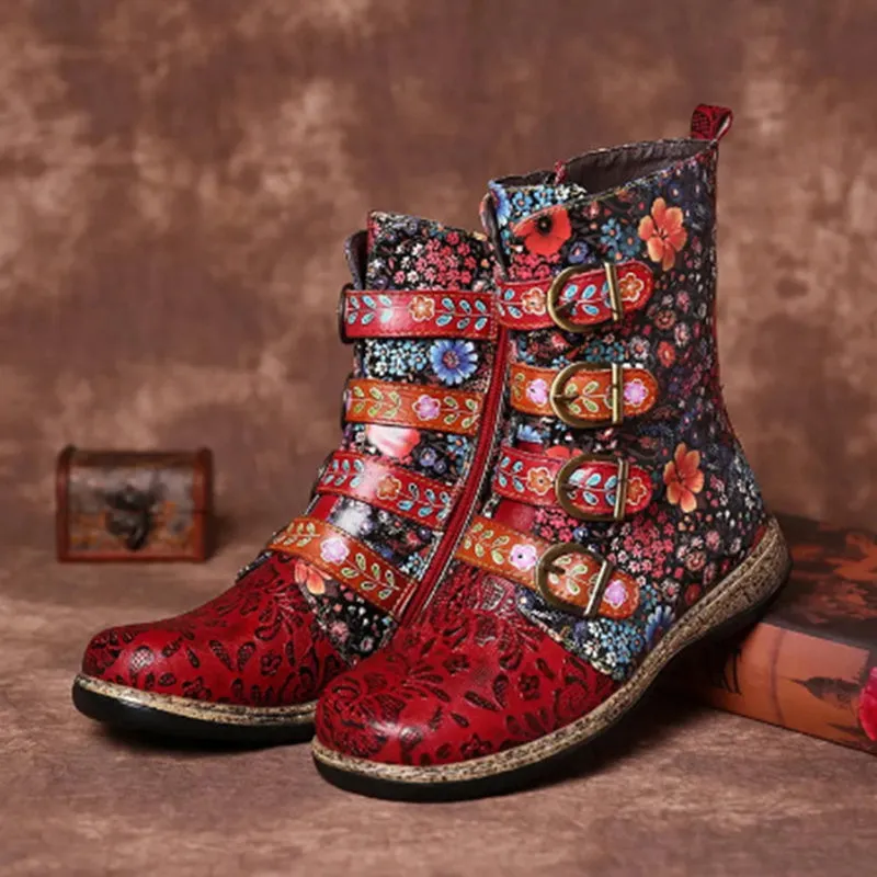 Women's floral print mid calf boots | ethnic boho buckle strap boots