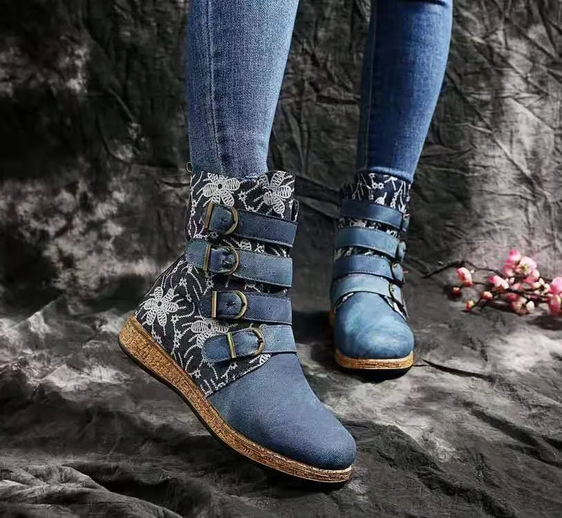 Women's floral print mid calf boots | ethnic boho buckle strap boots