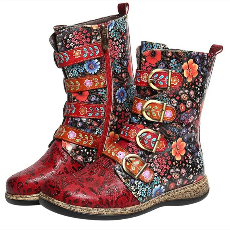Women's floral print mid calf boots | ethnic boho buckle strap boots