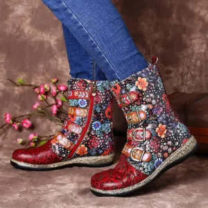 Women's floral print mid calf boots | ethnic boho buckle strap boots