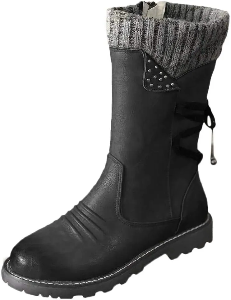 Women's Snow Boots Size 12 Boots Women's Fleece Thickened Warm Short Snow Boots Women Waterproof Winter Boots Leather Mid Calf Winter Boots for Women Low Heel Botas Invierno Mujer Nieve