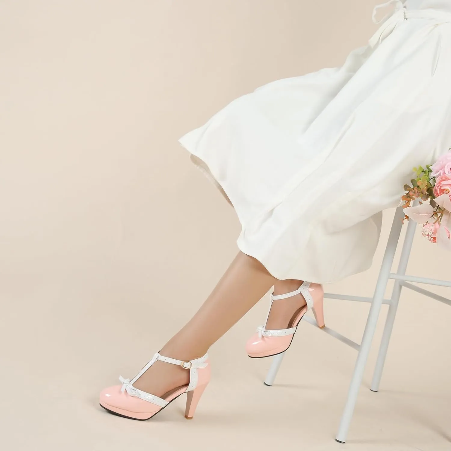 Womens T-Strap Mary Janes Platform Bow Heels Lolita Shoes Round Toe Ankle Strap Vintage 1950 Dress Shoes Oxfords Pumps