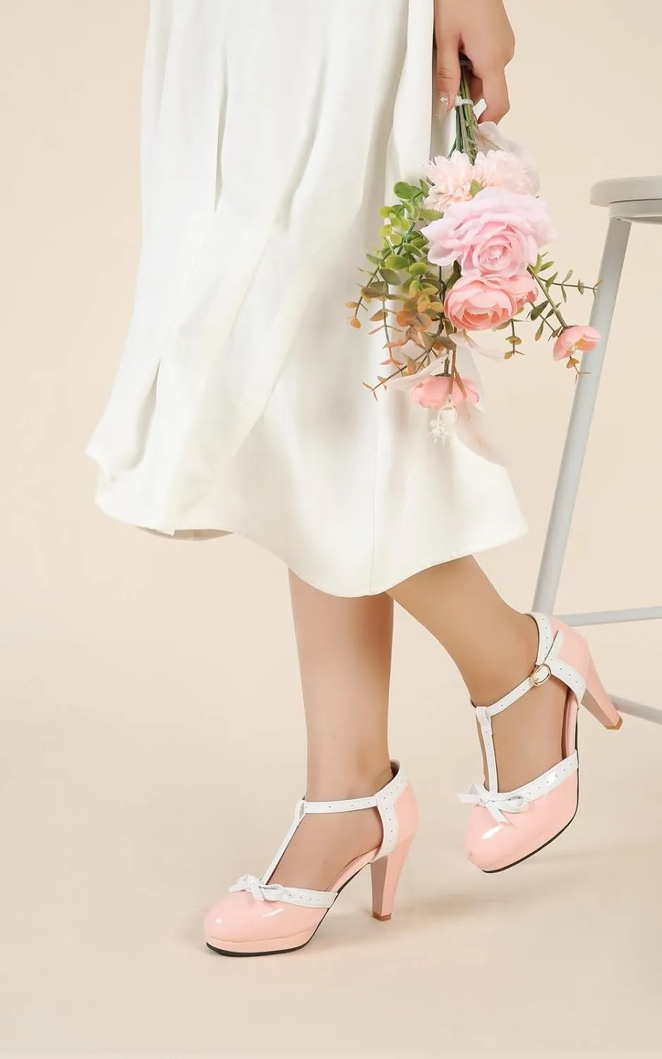 Womens T-Strap Mary Janes Platform Bow Heels Lolita Shoes Round Toe Ankle Strap Vintage 1950 Dress Shoes Oxfords Pumps
