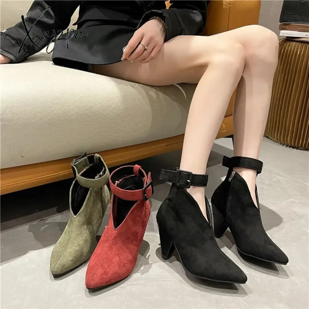 Xajzpa - Flock Buckle Zipper Type-V Autumn Winter Women Ankle Boots Fashion Pointed Toe Square High Heel Women Shoes botas mujer