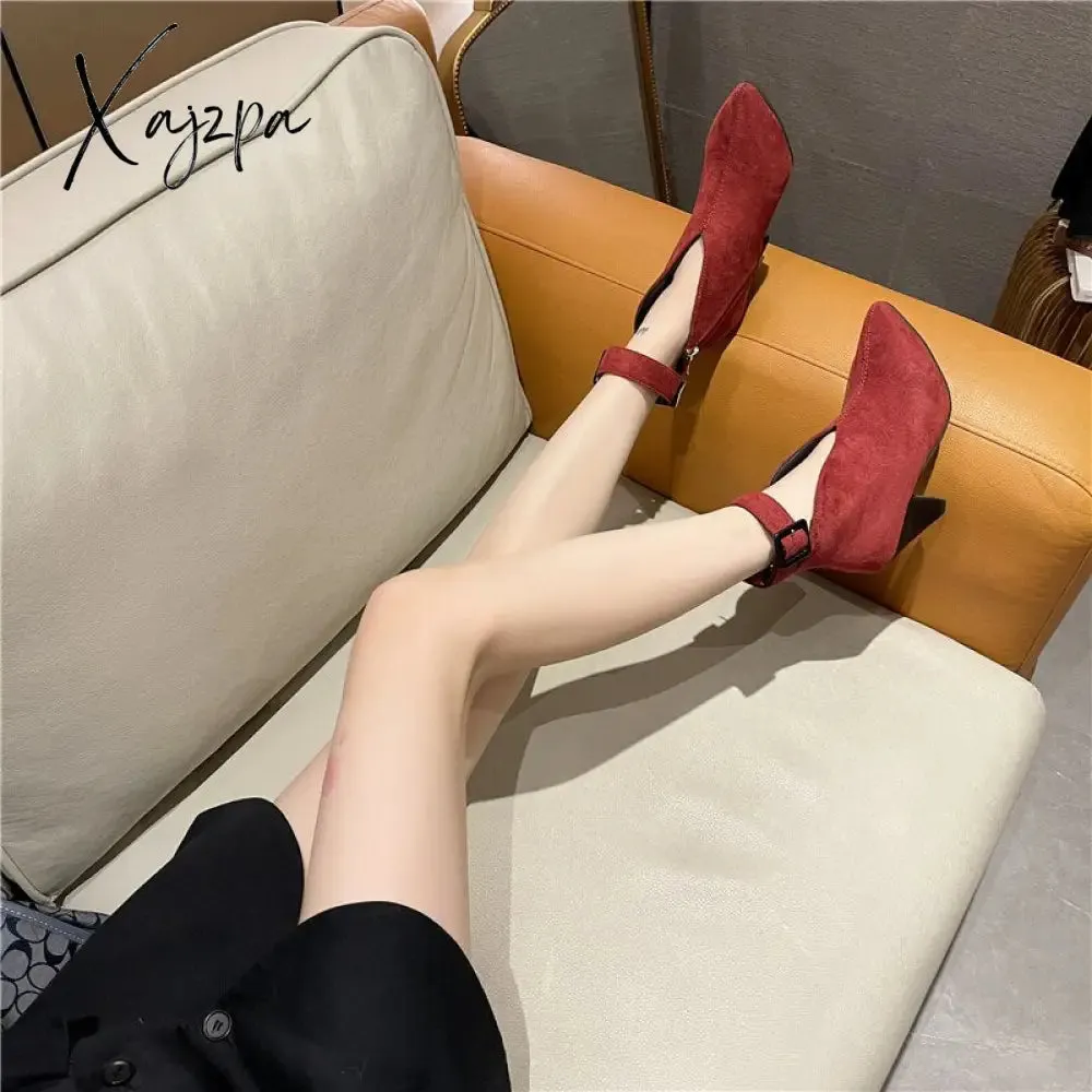 Xajzpa - Flock Buckle Zipper Type-V Autumn Winter Women Ankle Boots Fashion Pointed Toe Square High Heel Women Shoes botas mujer