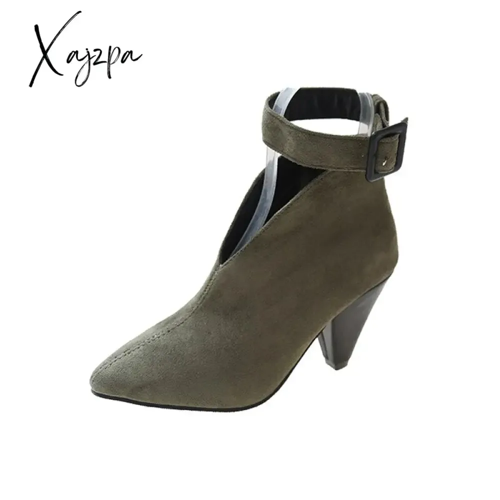 Xajzpa - Flock Buckle Zipper Type-V Autumn Winter Women Ankle Boots Fashion Pointed Toe Square High Heel Women Shoes botas mujer